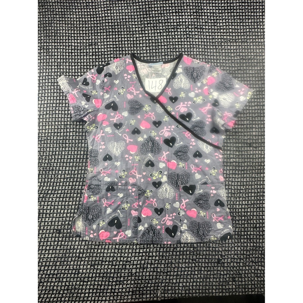 SB‎ Scrubs Top Womens XS Gray Pink Breast Cancer Awareness Excellent Mock Wrap
